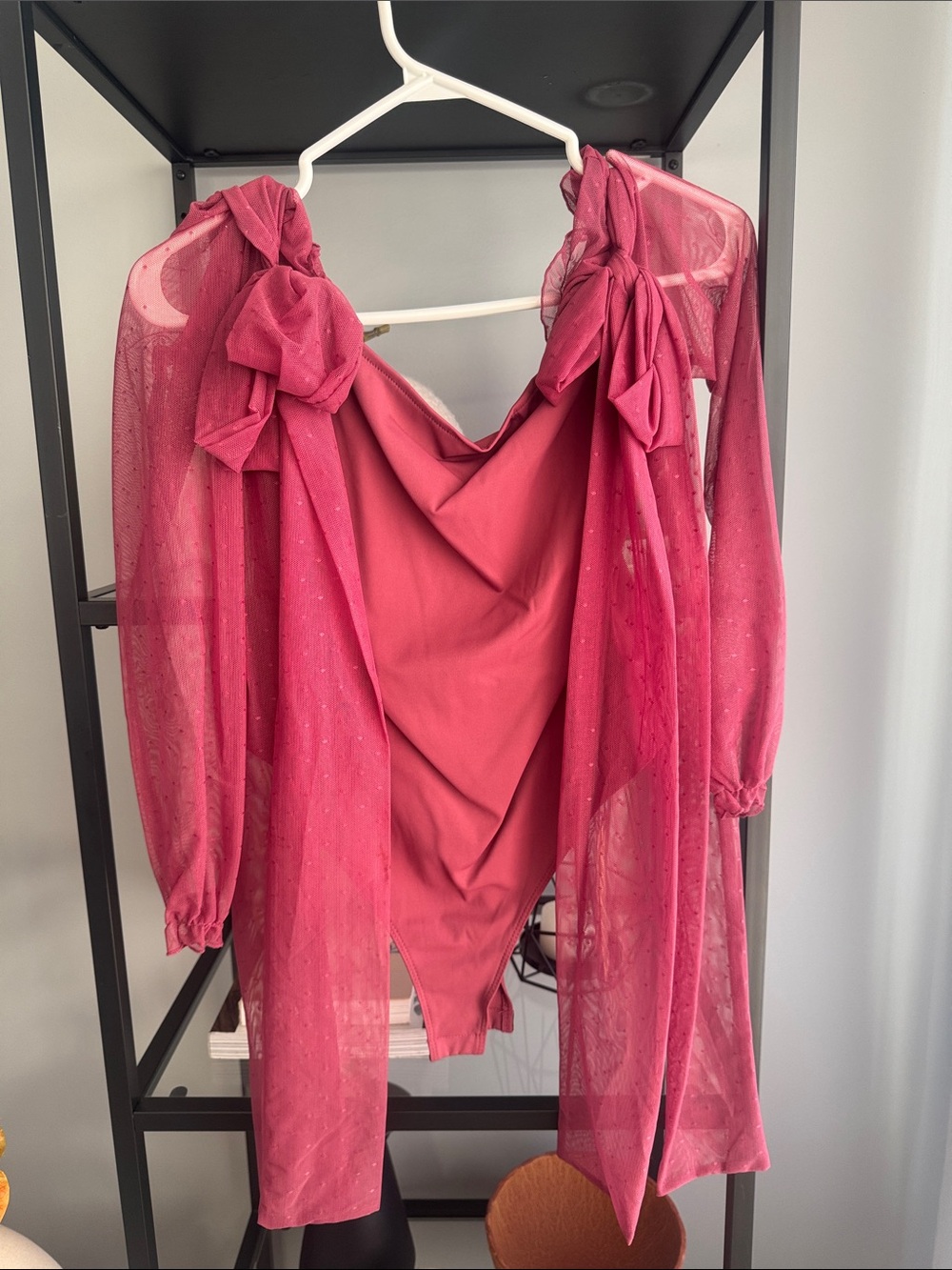 024. 🌸Sheer Bow-Shoulder Pink Women’s Top bodysuit